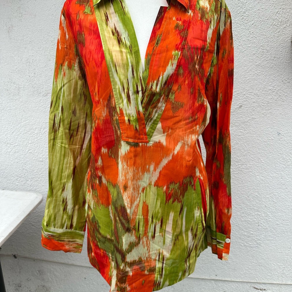 Orange and Green Graphic Long Sleeve Blouse